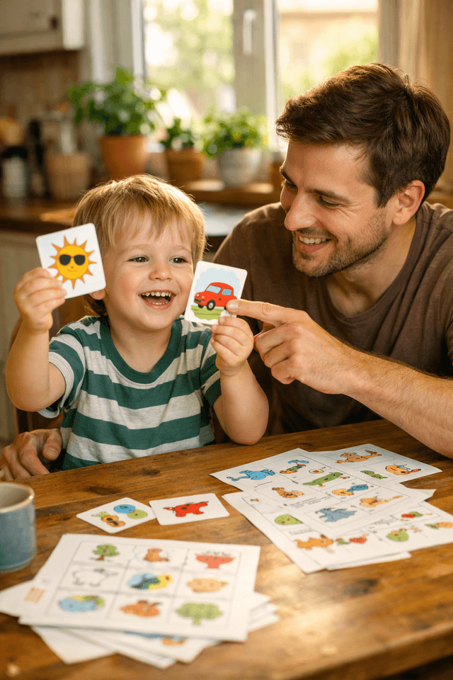 Vater und Sohn üben zusammen mit bunten Bildkarten am Küchentisch
