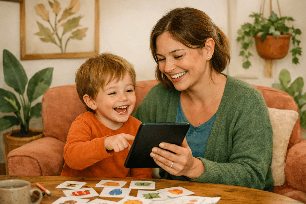 Mutter und Kind machen gemeinsam die Spracheinstufung auf dem Sofa