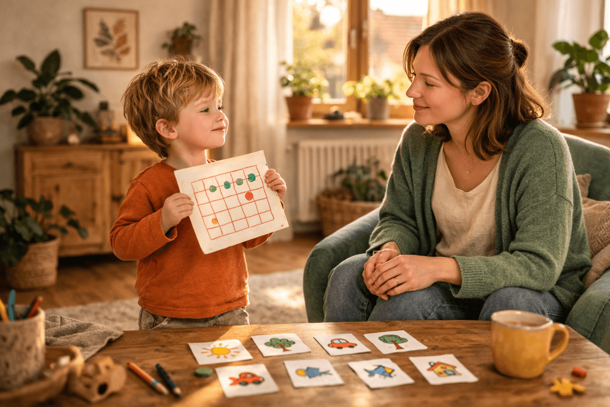 Kind zeigt stolz seinen Fortschritt auf einer bunten Übersicht