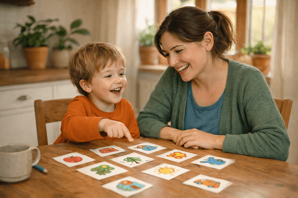 Mutter und Kind üben mit bunten Bildkarten am Küchentisch